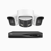 HDCK680 - Kit de surveillance PoE à 4 canaux avec 2*4K caméras et 1*6MP double objectif caméras (ultra grand angle 180°), Détection Personne-Véhicule, Microphone intégré